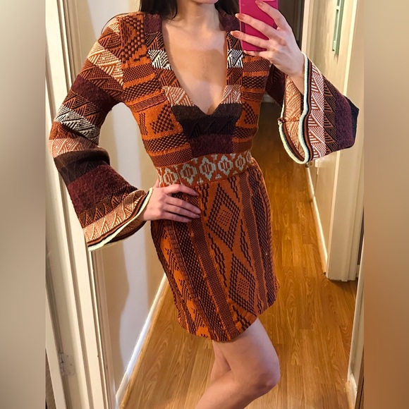 Free People Orange Pattern Bell Long Sleeve Knit Sweater Dress - Picture 6 of 7